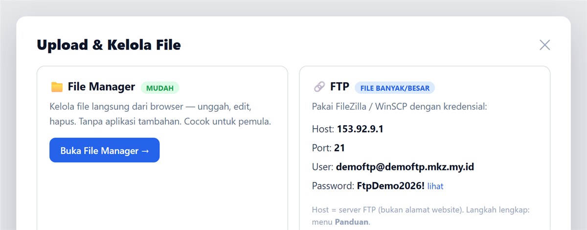 Kotak Akses FTP berisi Host, Port, User, Password