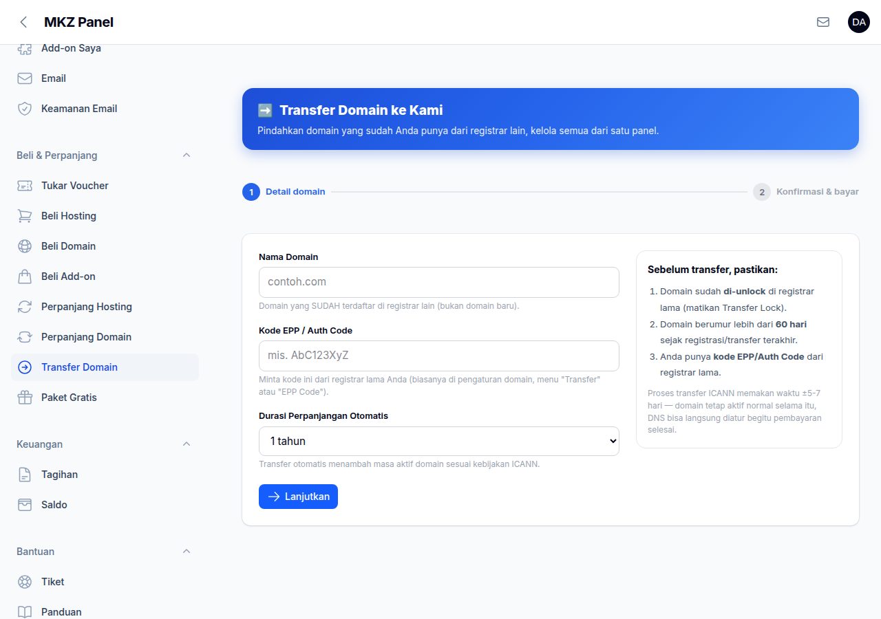 Halaman Transfer Domain