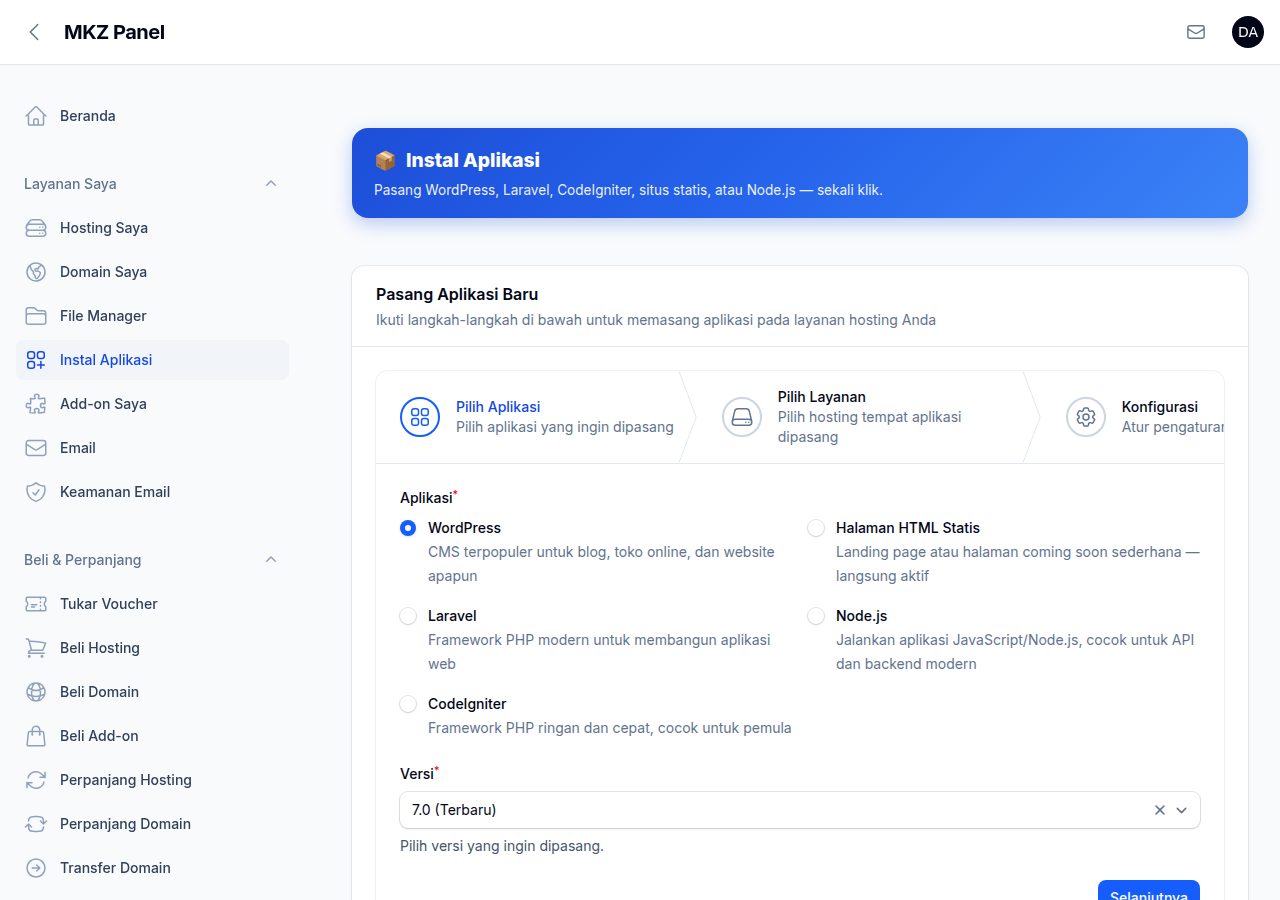 Langkah pilih aplikasi (WordPress)