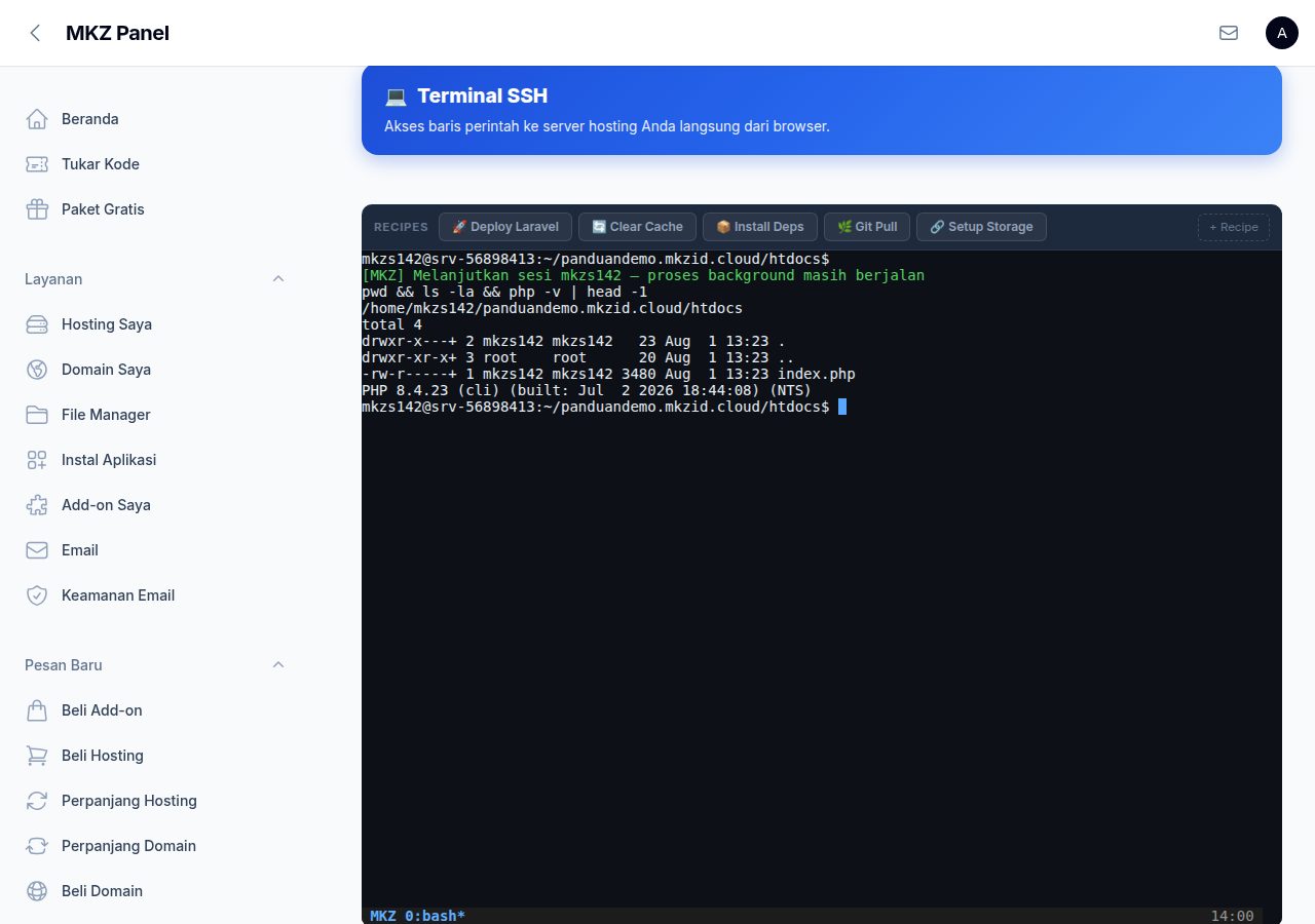 Terminal SSH aktif dengan keluaran perintah
