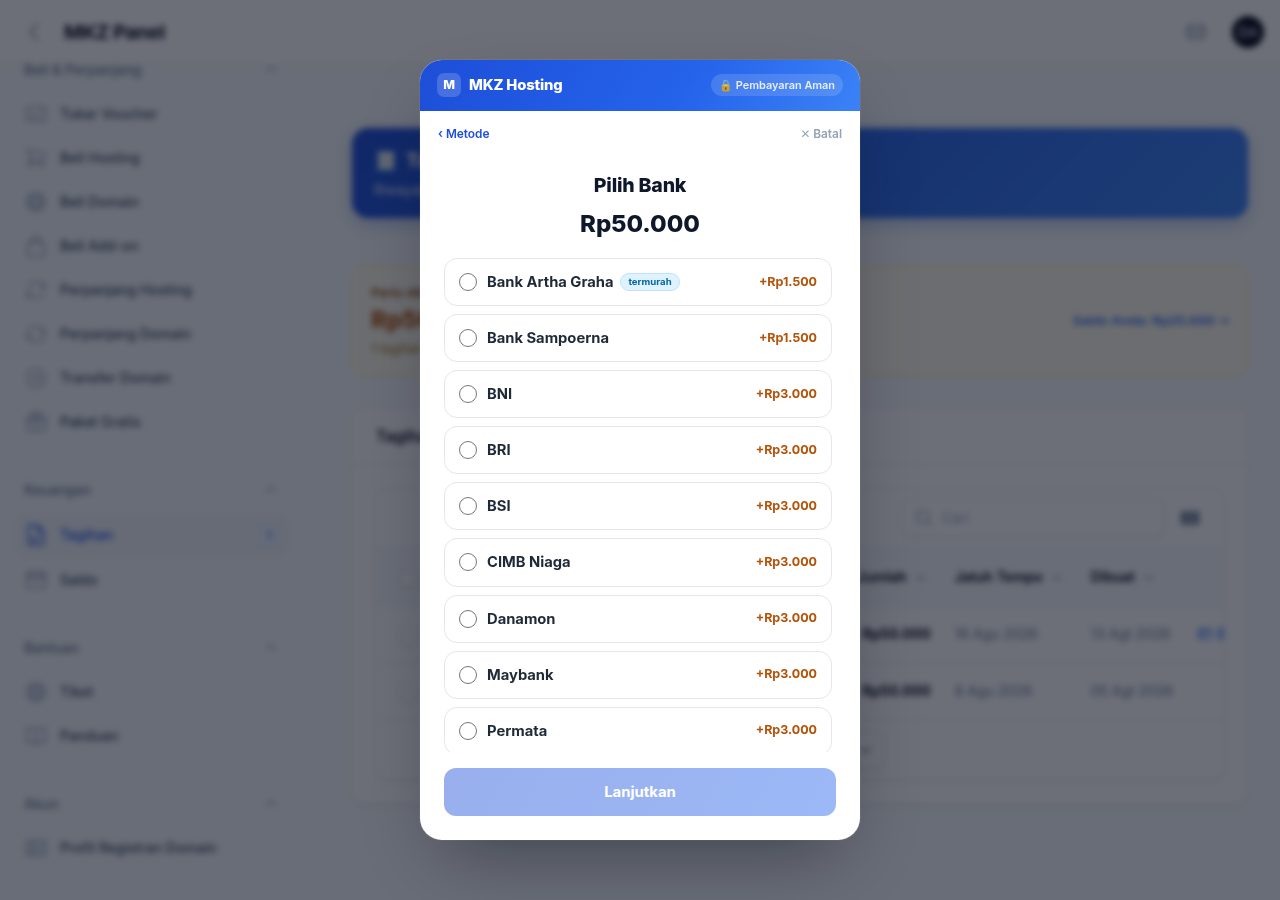 Layar Pilih Bank dengan biaya tiap bank