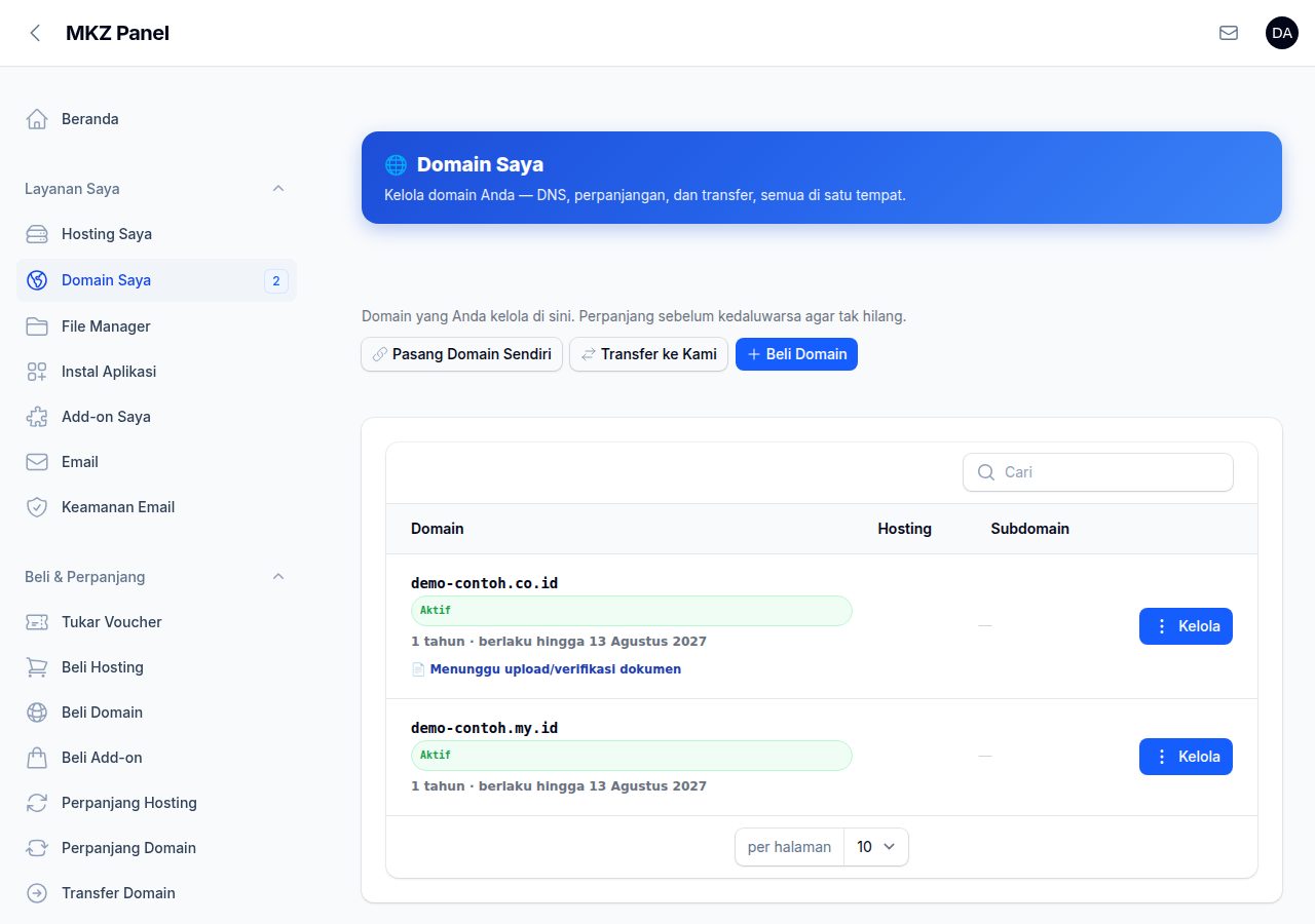 Domain Saya dengan status menunggu verifikasi dokumen