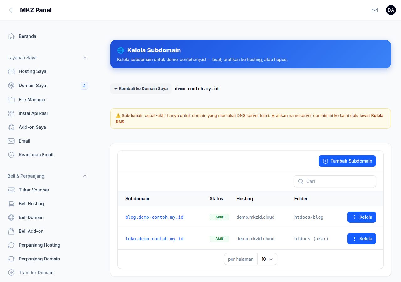 Halaman Kelola Subdomain sebuah domain