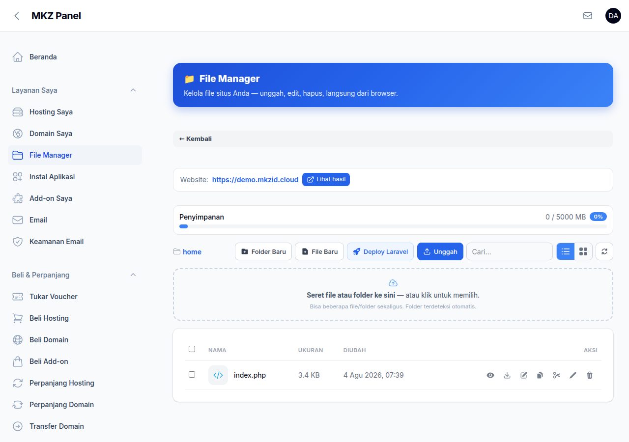 Halaman File Manager beserta tombol-tombolnya